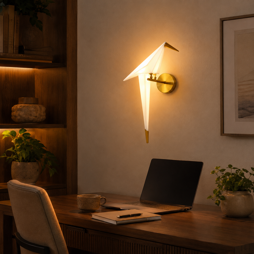 Origami bird LED wall lamp glowing warm white above a wooden home office desk with a laptop, notebook, mug, and plants.