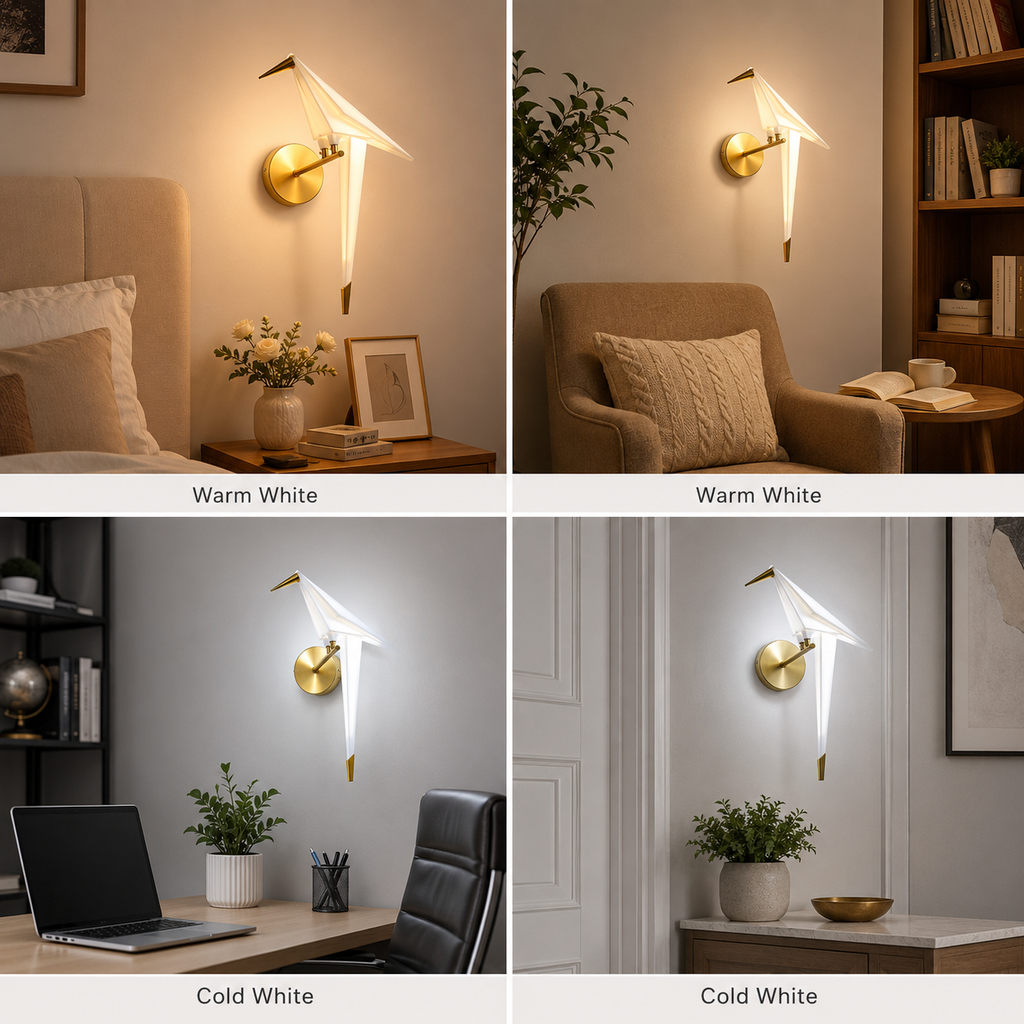 Origami bird LED wall lamp in warm white and cold white, shown in bedroom, reading nook, office, and hallway settings.