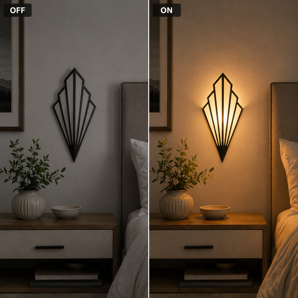 Geometric LED wall lamp glowing warm white above a wooden table with a mug, book, and smartphone.