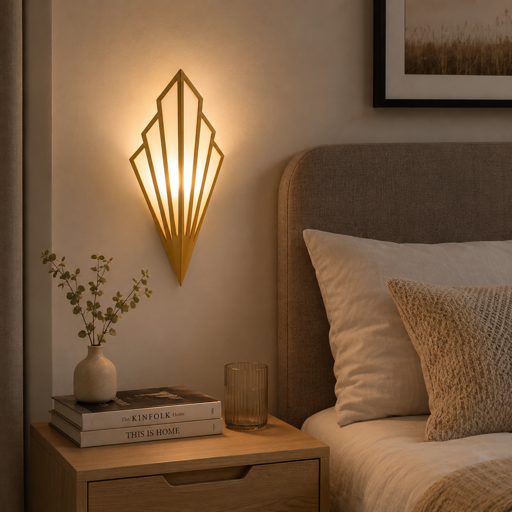 Geometric LED wall lamp glowing warm white above a wooden table with a mug, book, and smartphone.