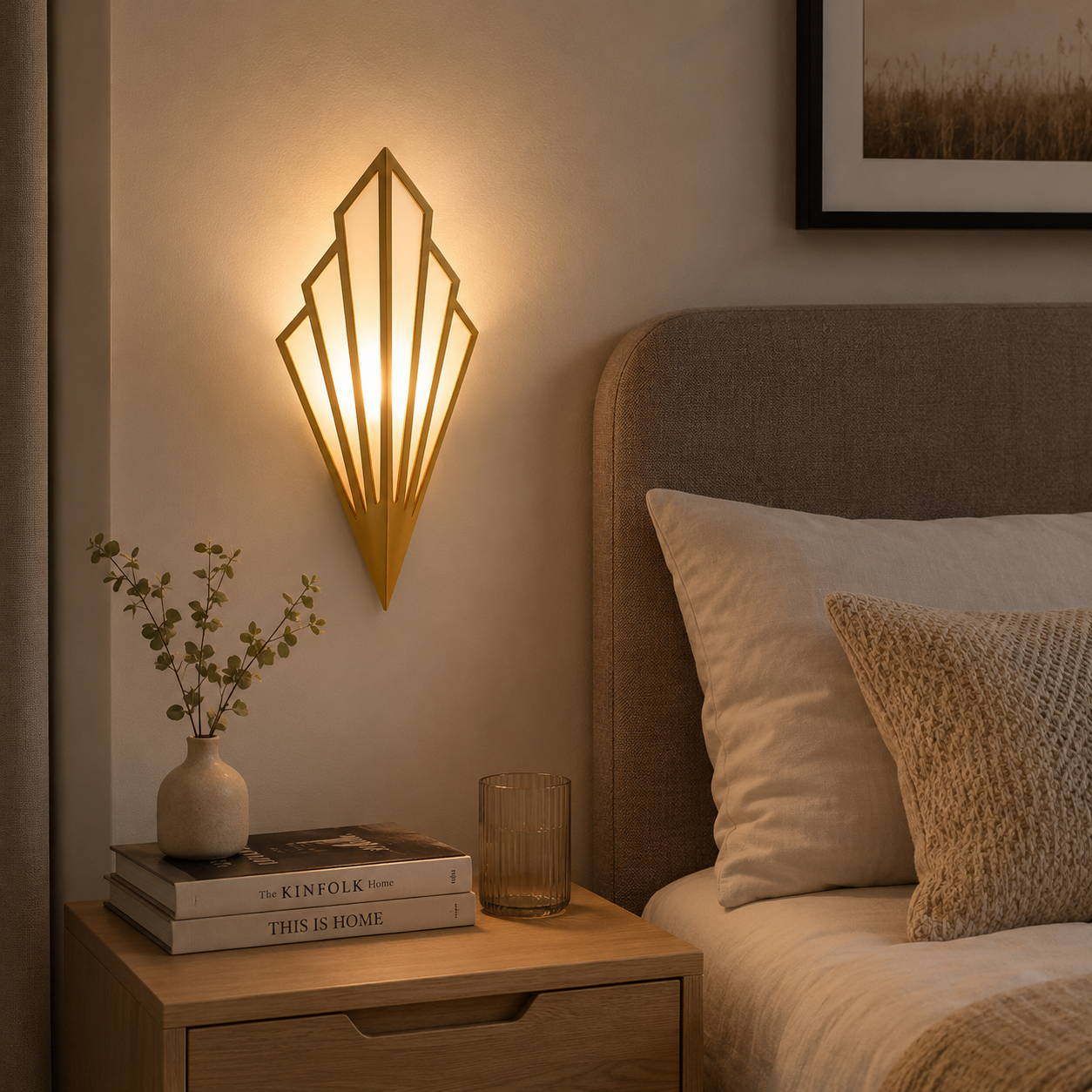 Geometric LED wall lamp glowing warm white above a wooden table with a mug, book, and smartphone.