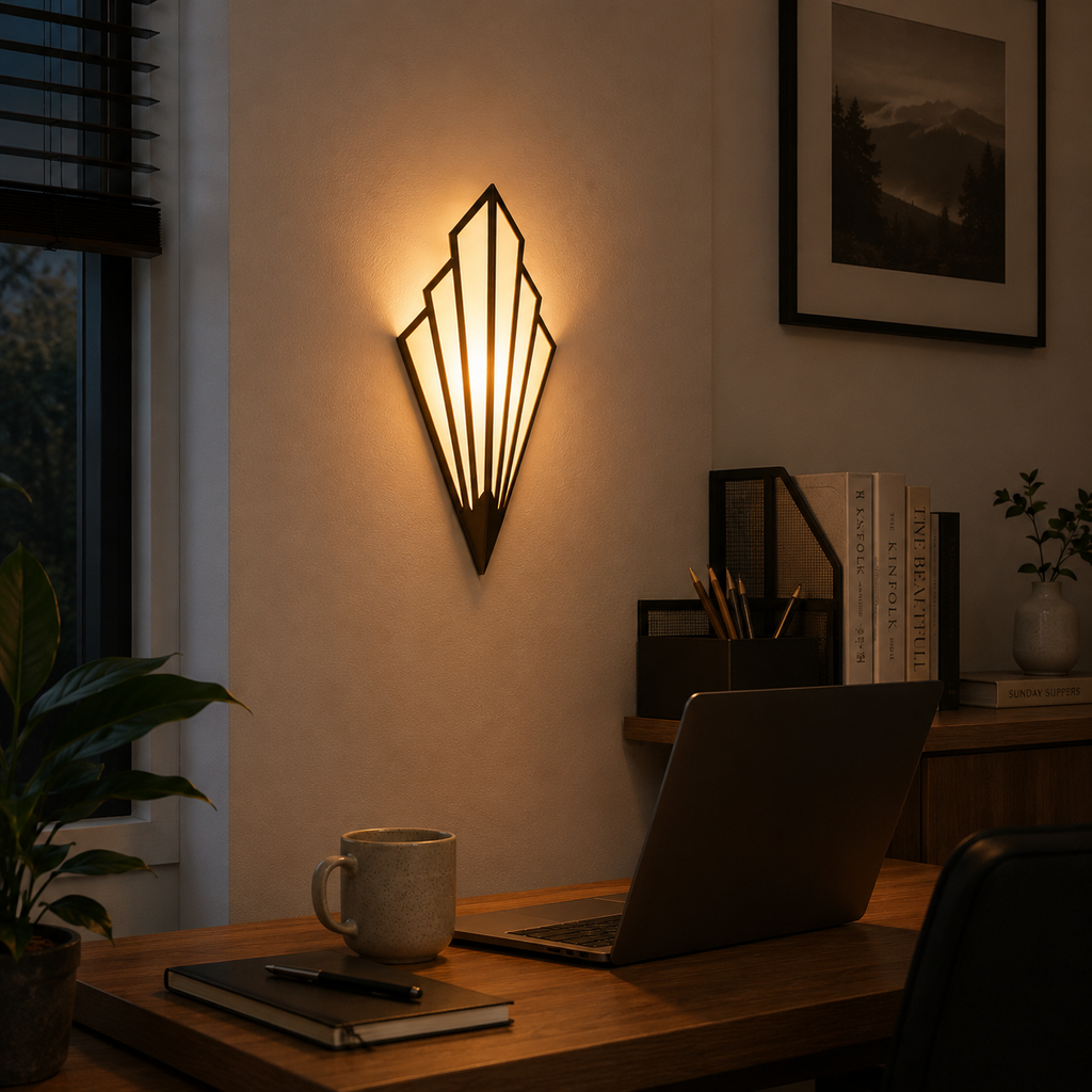 Geometric LED wall lamp glowing warm white above a wooden table with a mug, book, and smartphone.