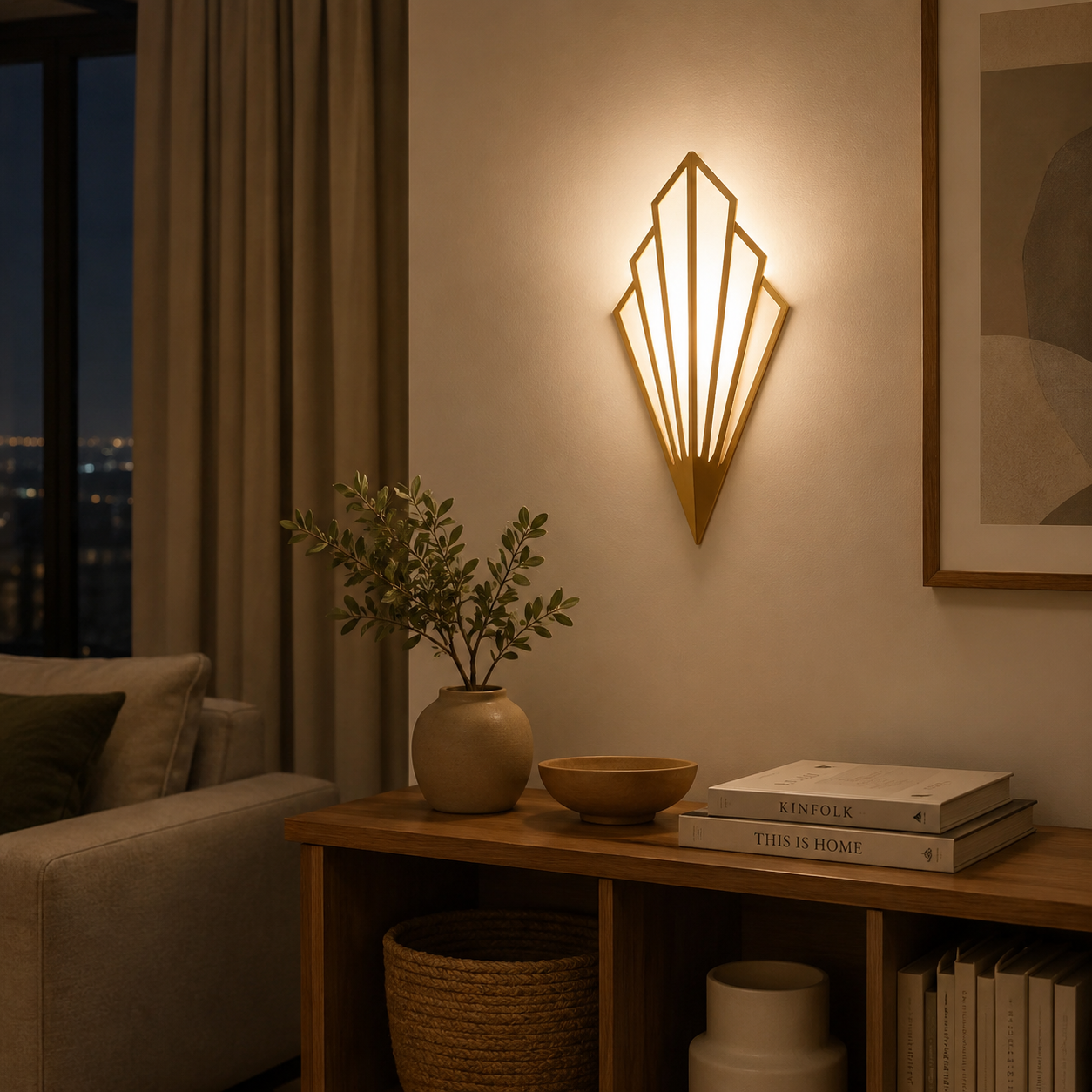 Geometric LED wall lamp glowing warm white above a wooden table with a mug, book, and smartphone.