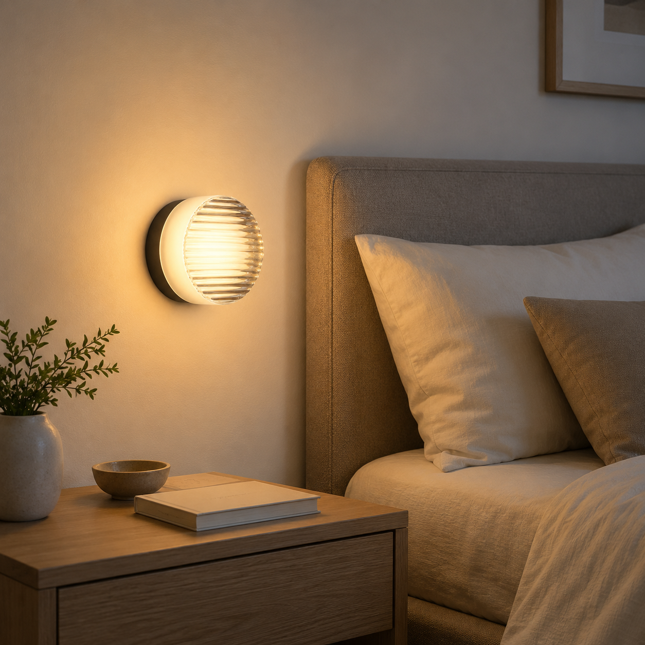 Round ribbed LED wall lamp glowing warm white beside a bed and wooden nightstand with a book, bowl, and plant.