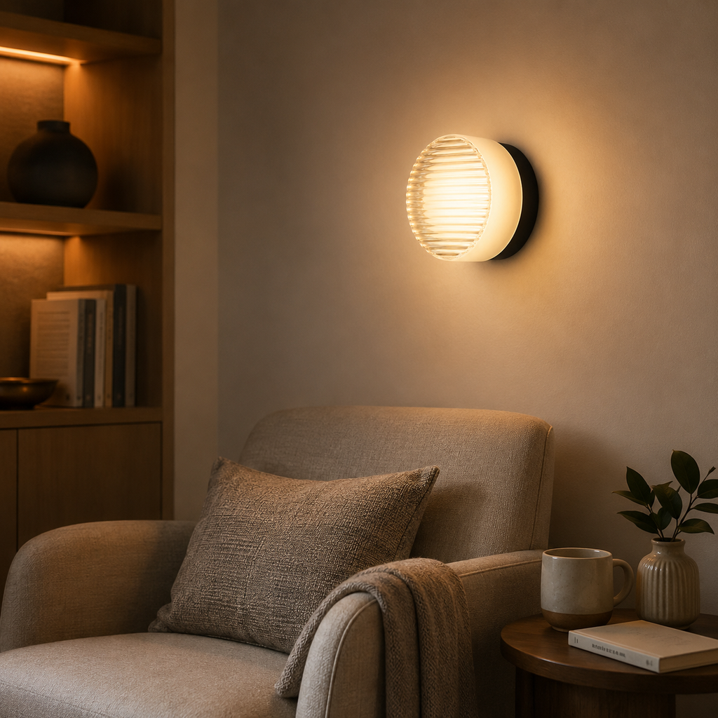 Round ribbed LED wall lamp glowing warm white above a cozy reading chair with a side table, mug, book, and plant.