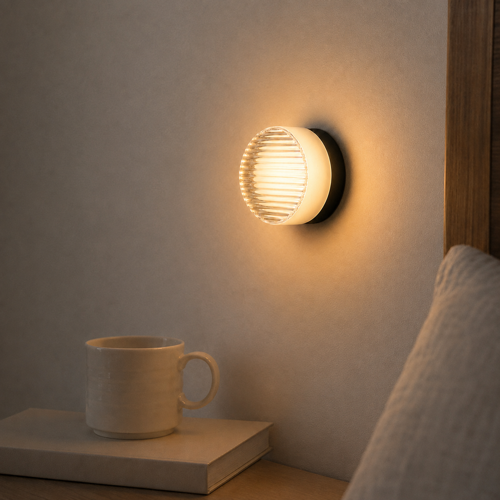 Round ribbed LED wall lamp glowing warm white beside a bed, with a mug resting on a book below.