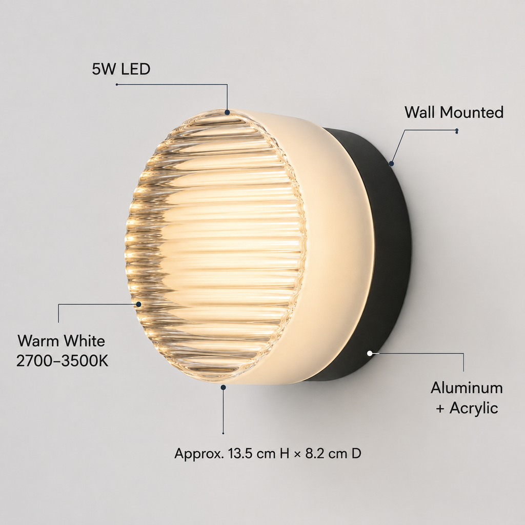 Round ribbed 5W LED wall lamp with warm white light, aluminum and acrylic construction, and wall-mounted design.