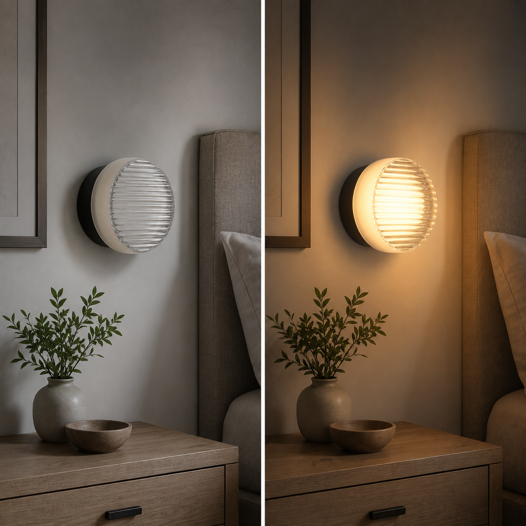 Round ribbed LED wall lamp shown off and glowing warm white beside a bedroom nightstand.