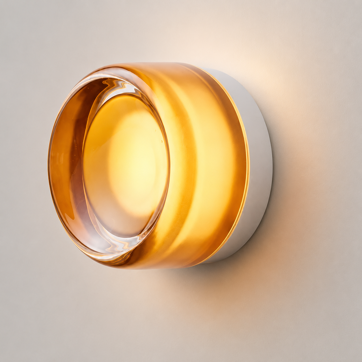 Round acrylic LED wall lamp glowing warm white against a neutral wall.