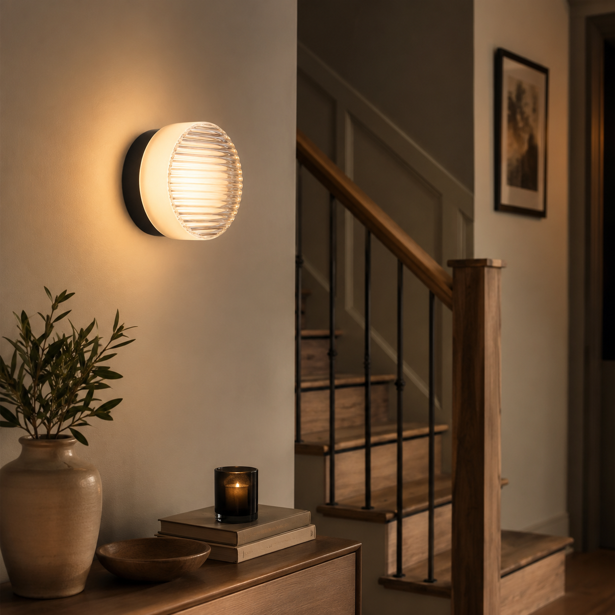 Round ribbed LED wall lamp glowing warm white beside a staircase, above a wooden console with books, a candle, and a vase.