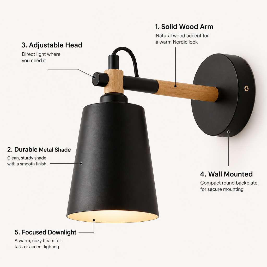 Scandinavian cone LED wall lamp with a solid wood arm, glowing warm white against a neutral wall.