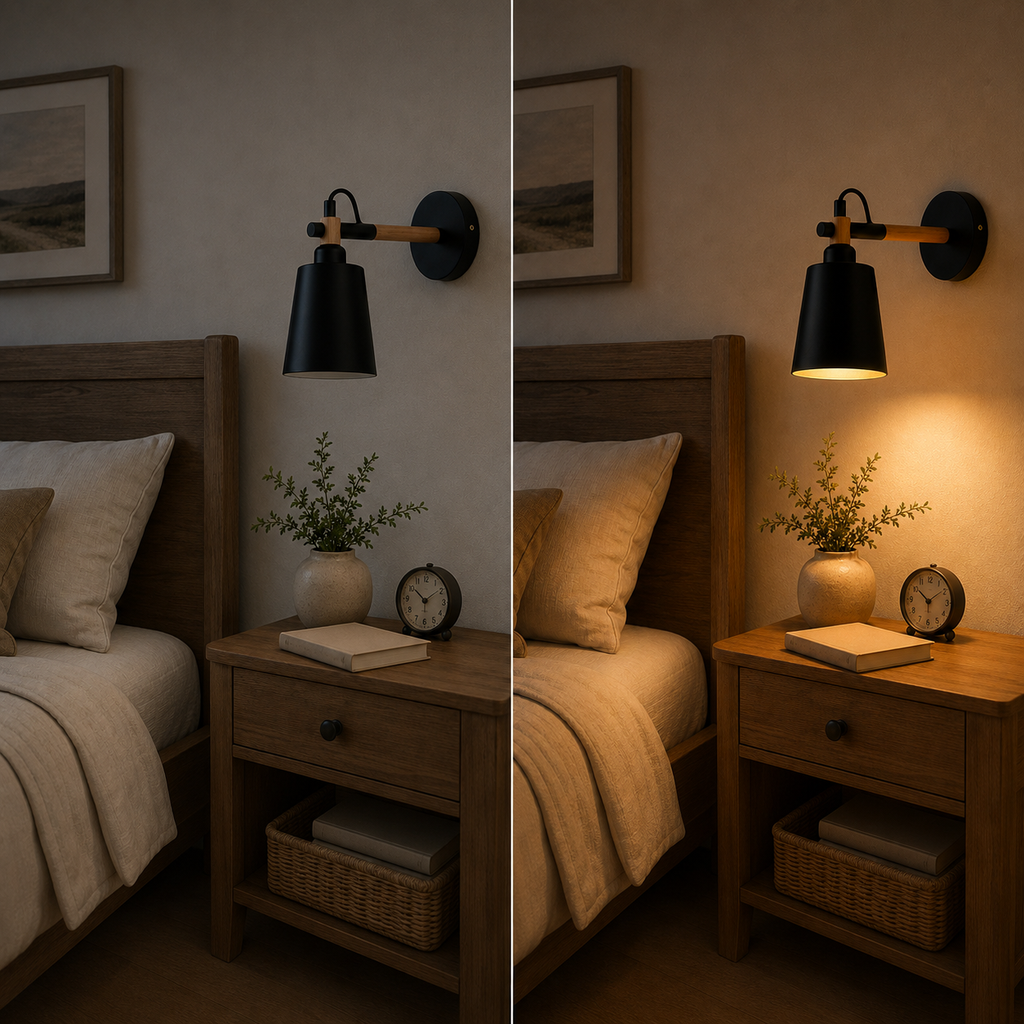 Scandinavian cone LED wall lamp with a solid wood arm, glowing warm white against a neutral wall.