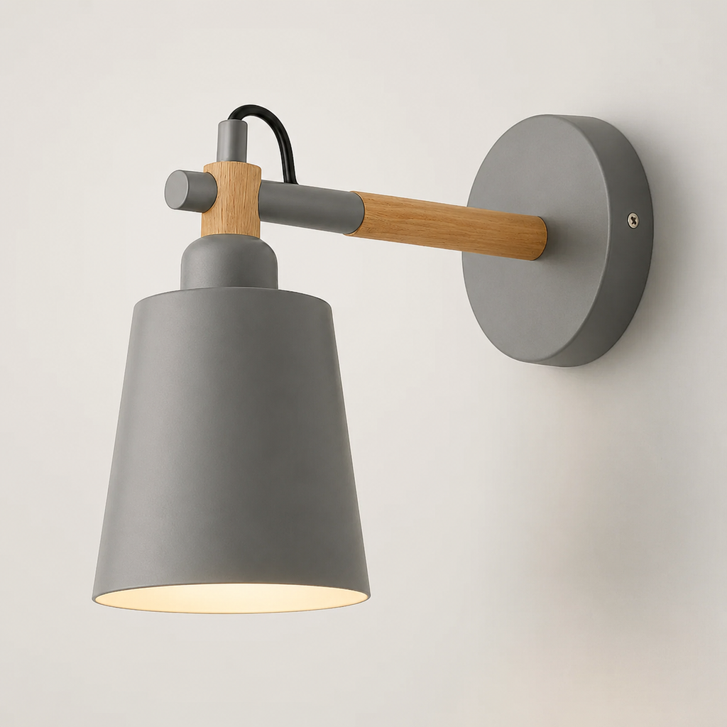 Scandinavian cone LED wall lamp with a solid wood arm, glowing warm white against a neutral wall.