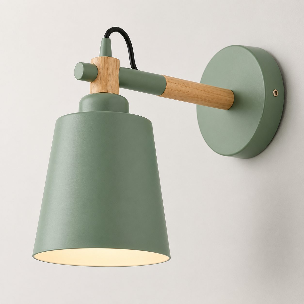 Scandinavian cone LED wall lamp with a solid wood arm, glowing warm white against a neutral wall.