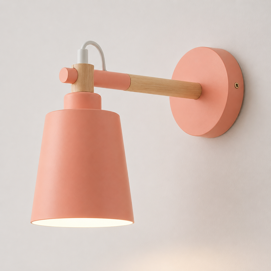 Scandinavian cone LED wall lamp with a solid wood arm, glowing warm white against a neutral wall.