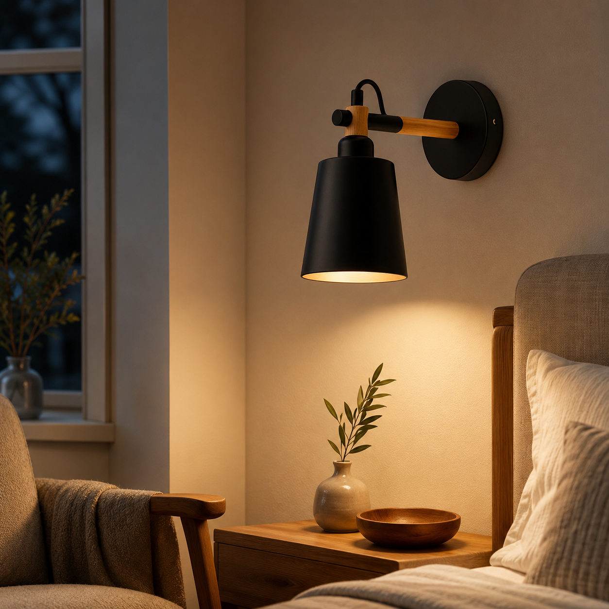 Scandinavian cone LED wall lamp with a solid wood arm, glowing warm white against a neutral wall.