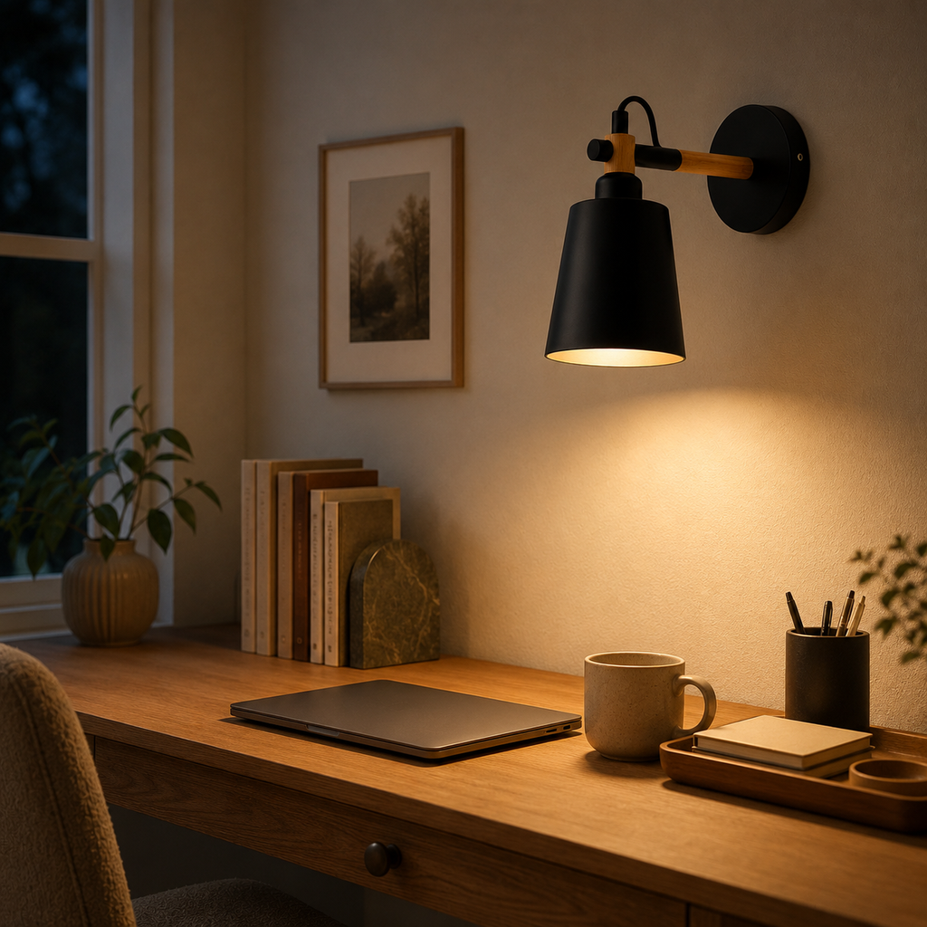 Scandinavian cone LED wall lamp with a solid wood arm, glowing warm white against a neutral wall.