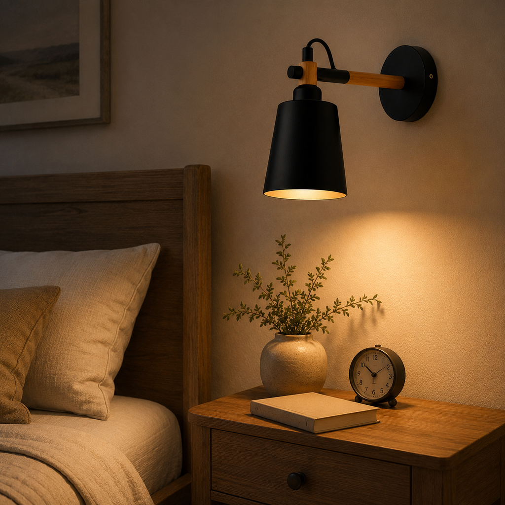 Scandinavian cone LED wall lamp with a solid wood arm, glowing warm white against a neutral wall.