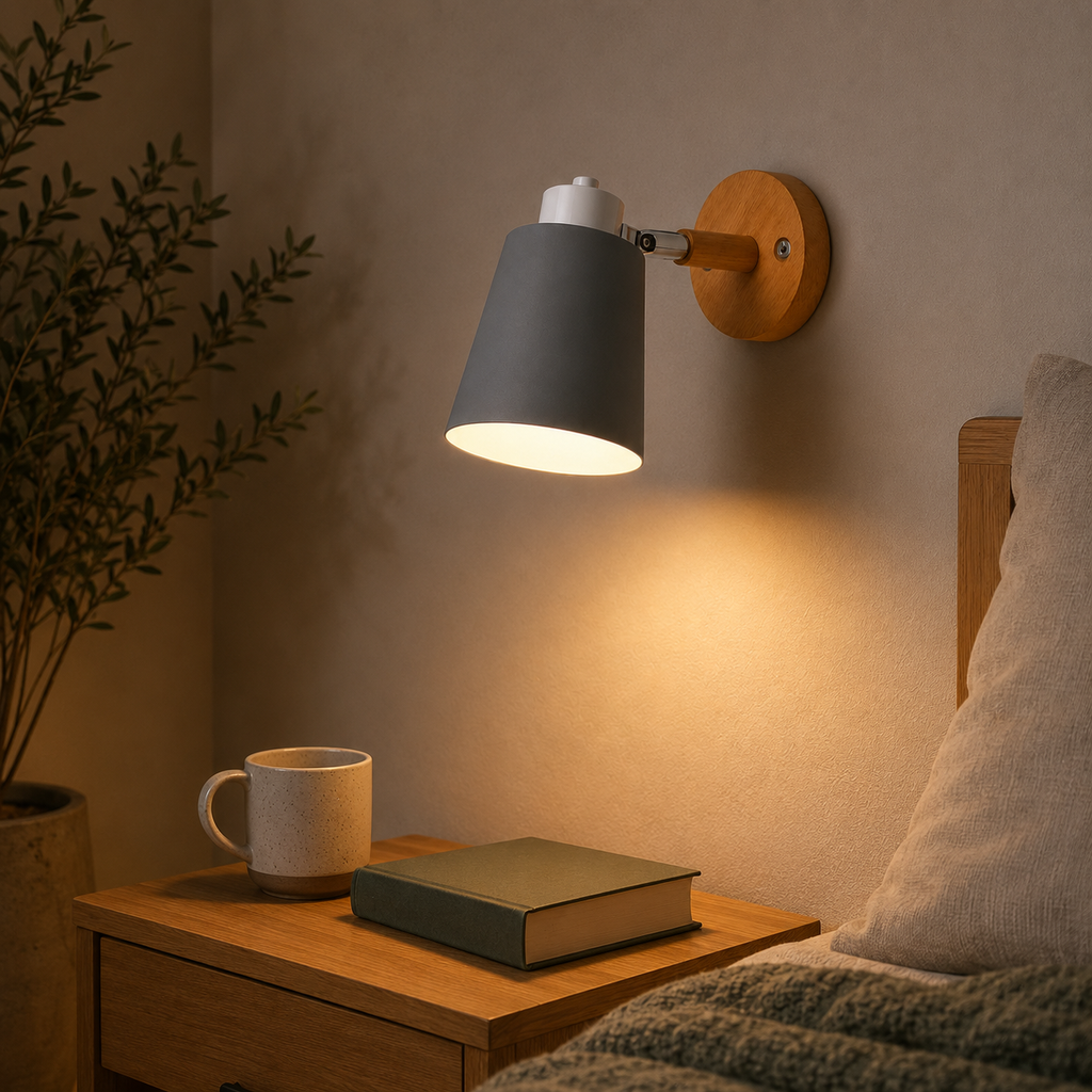 Adjustable cone wall lamp with a solid wood mounting base, glowing warm white against a neutral wall. 