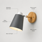 Adjustable cone wall lamp with a solid wood mounting base, glowing warm white against a neutral wall. 