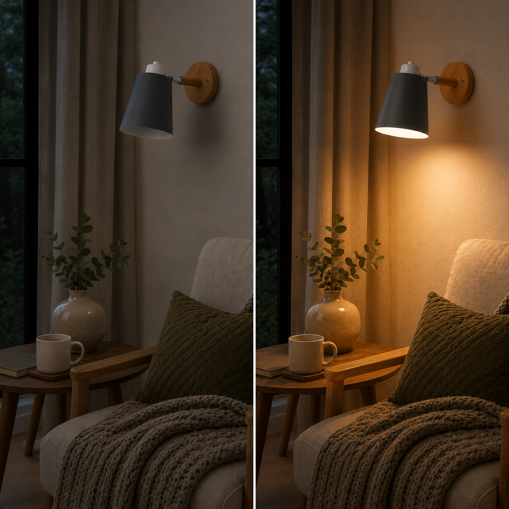 Adjustable cone wall lamp with a solid wood mounting base, glowing warm white against a neutral wall. 