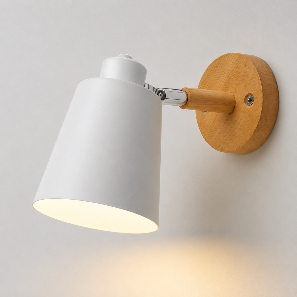 Adjustable cone wall lamp with a solid wood mounting base, glowing warm white against a neutral wall. 