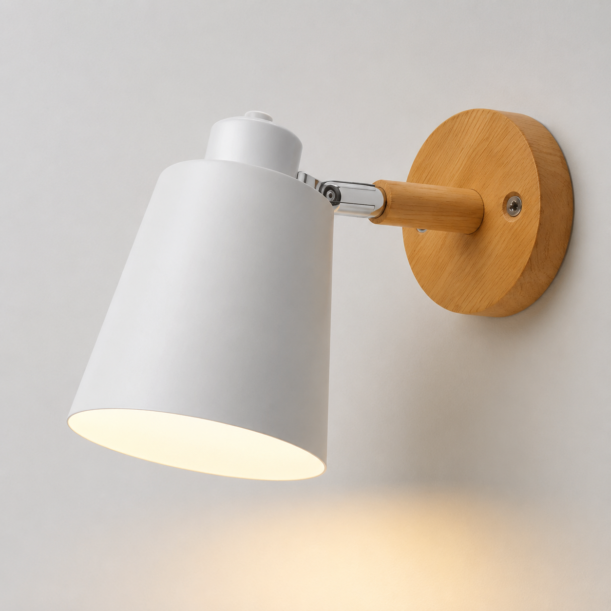 Adjustable cone wall lamp with a solid wood mounting base, glowing warm white against a neutral wall. 