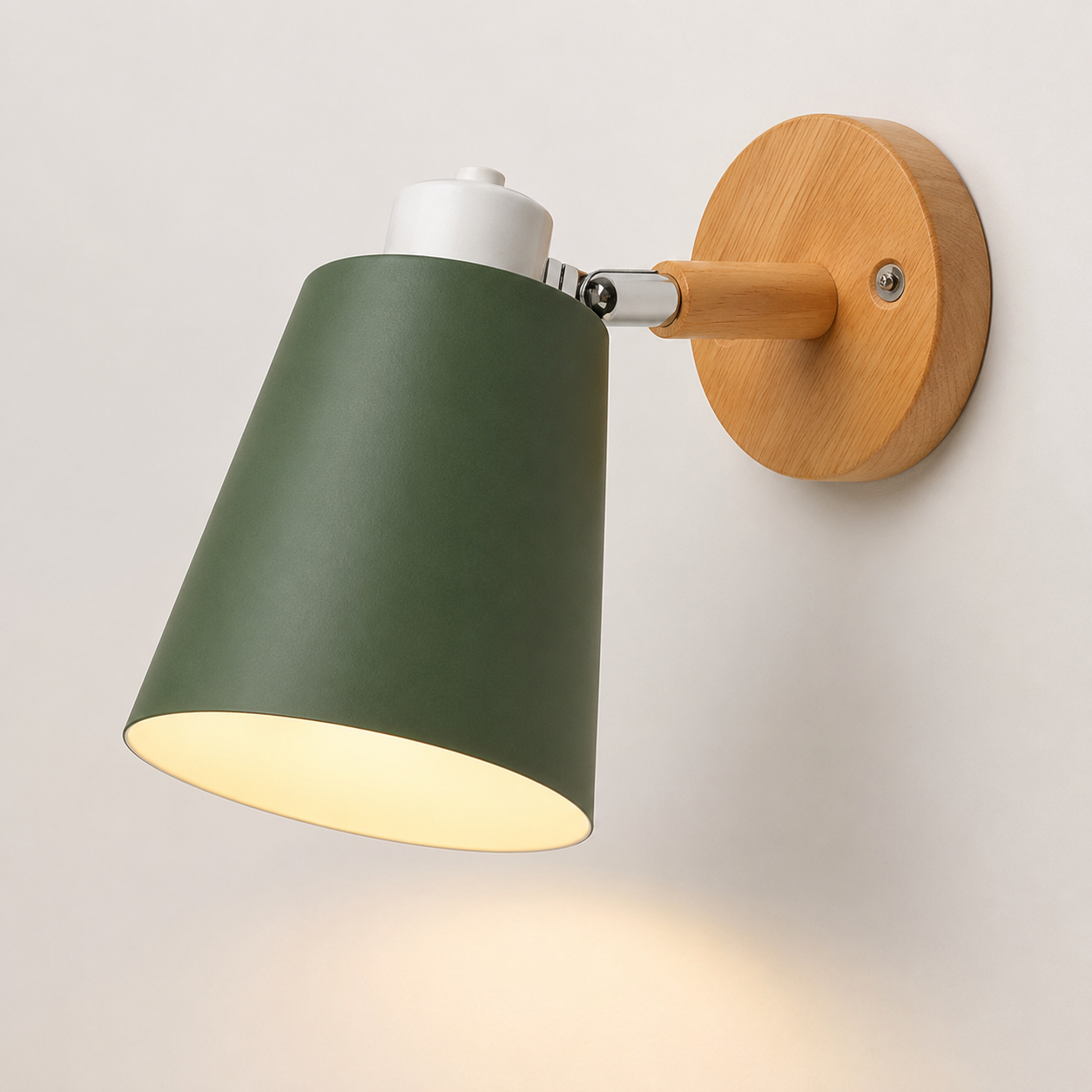 Adjustable cone wall lamp with a solid wood mounting base, glowing warm white against a neutral wall. 
