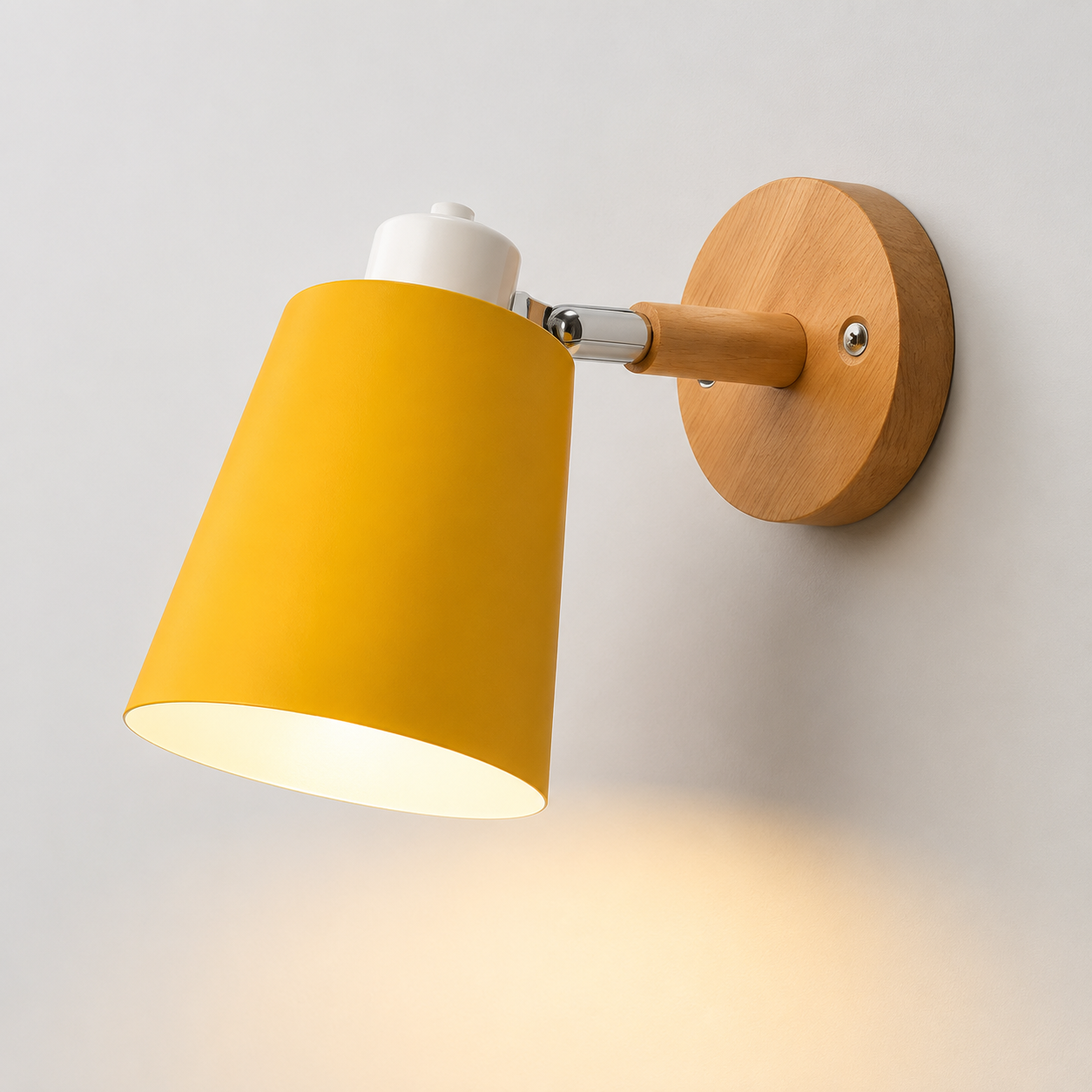 Adjustable cone wall lamp with a solid wood mounting base, glowing warm white against a neutral wall. 