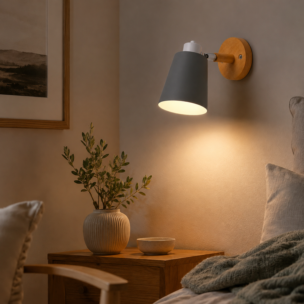 Adjustable cone wall lamp with a solid wood mounting base, glowing warm white against a neutral wall. 