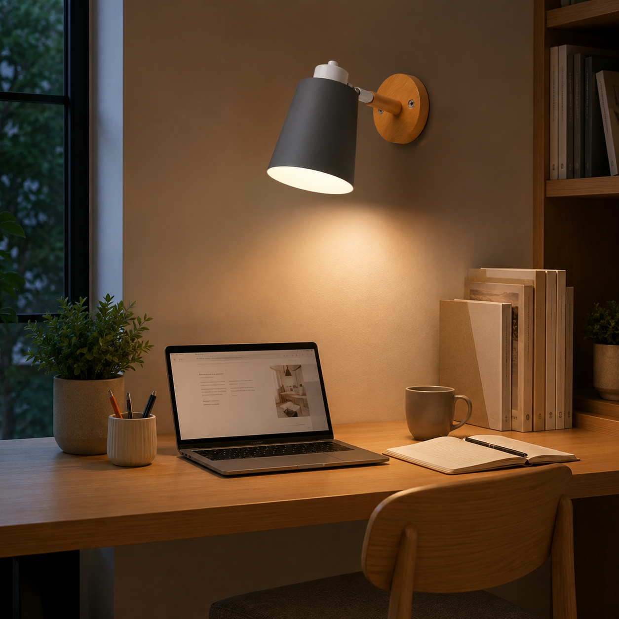 Adjustable cone wall lamp with a solid wood mounting base, glowing warm white against a neutral wall. 