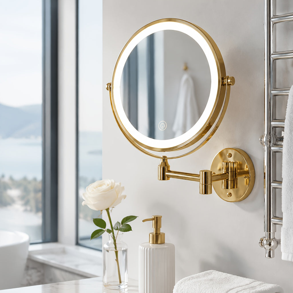 Gold illuminated makeup mirror in a bright bathroom