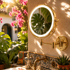 Gold illuminated wall mirror in a warm interior