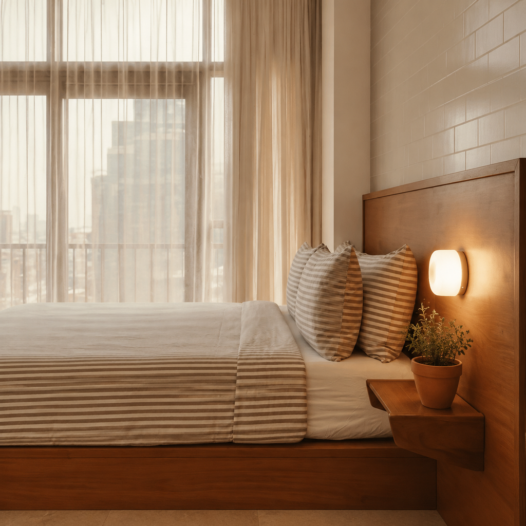 amber round wall sconce glowing beside a neatly made bed