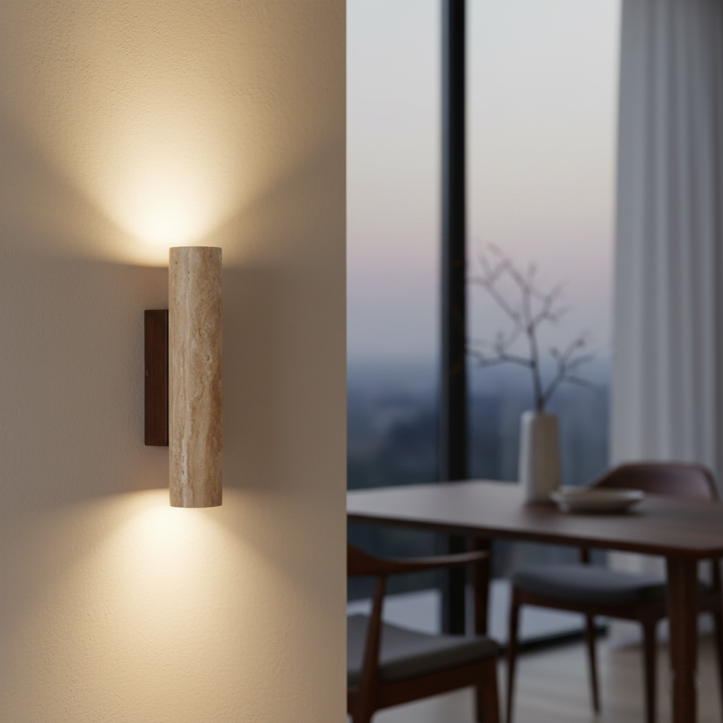 Cylindrical travertine wall sconce casting light above and below its natural stone shade