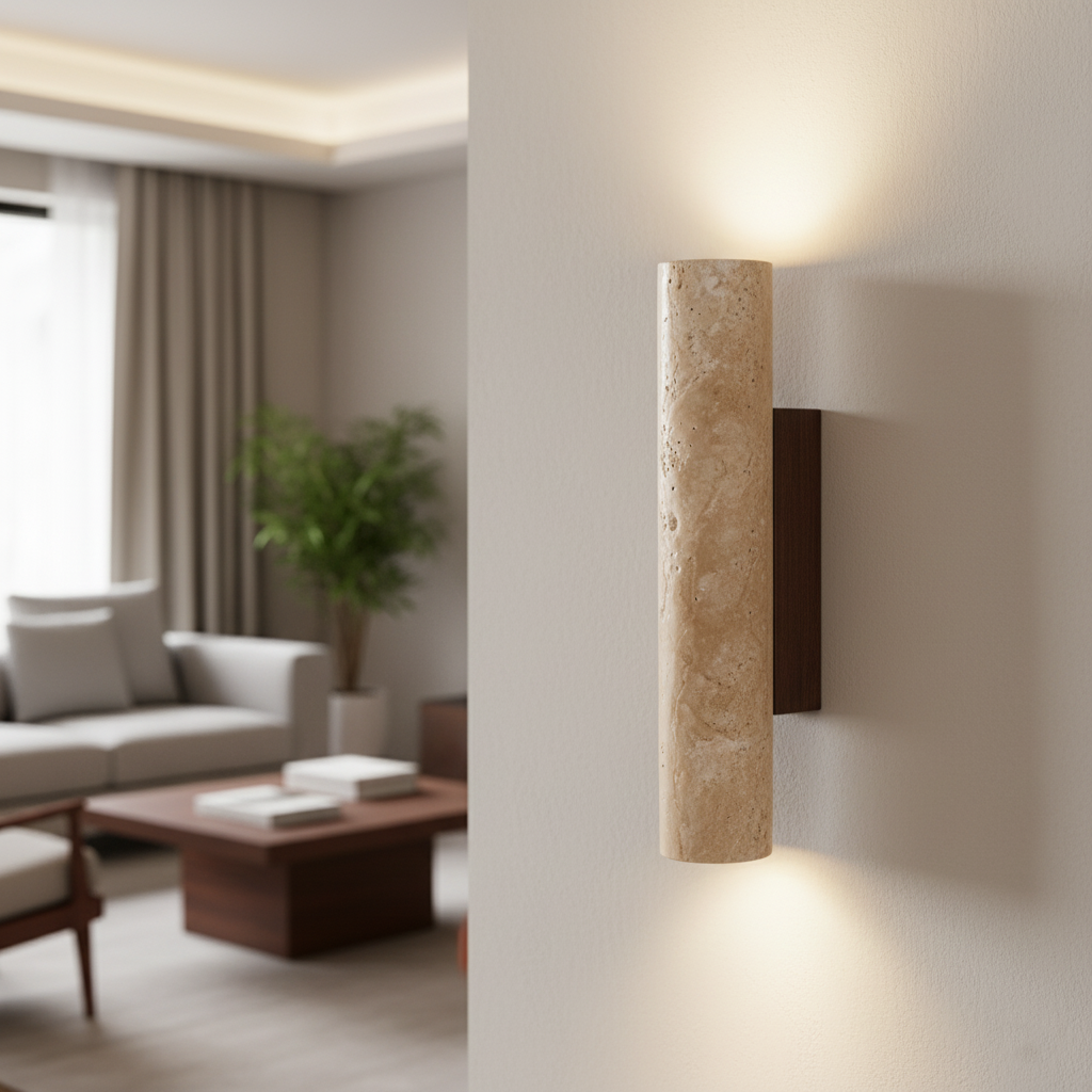 Cylindrical travertine wall sconce casting light above and below its natural stone shade