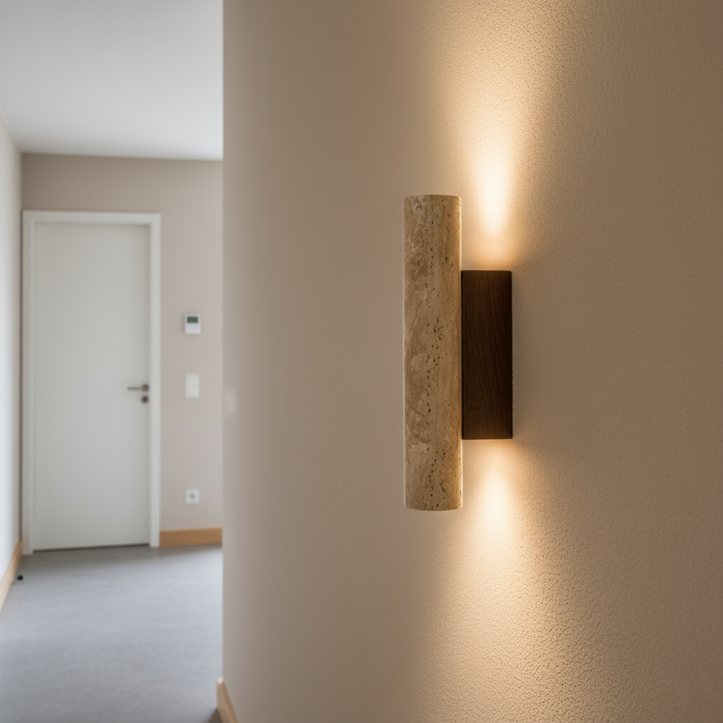 Cylindrical travertine wall sconce casting light above and below its natural stone shade
