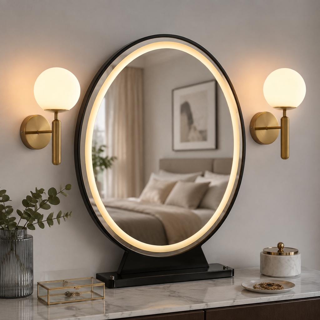 Pair of gold globe wall sconces flanking an illuminated mirror.