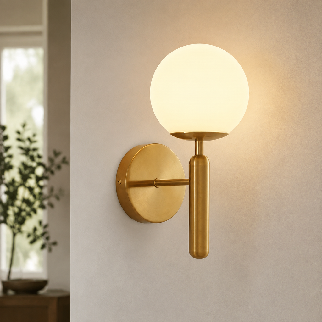 Gold frosted glass globe wall sconce shown on a neutral wall.