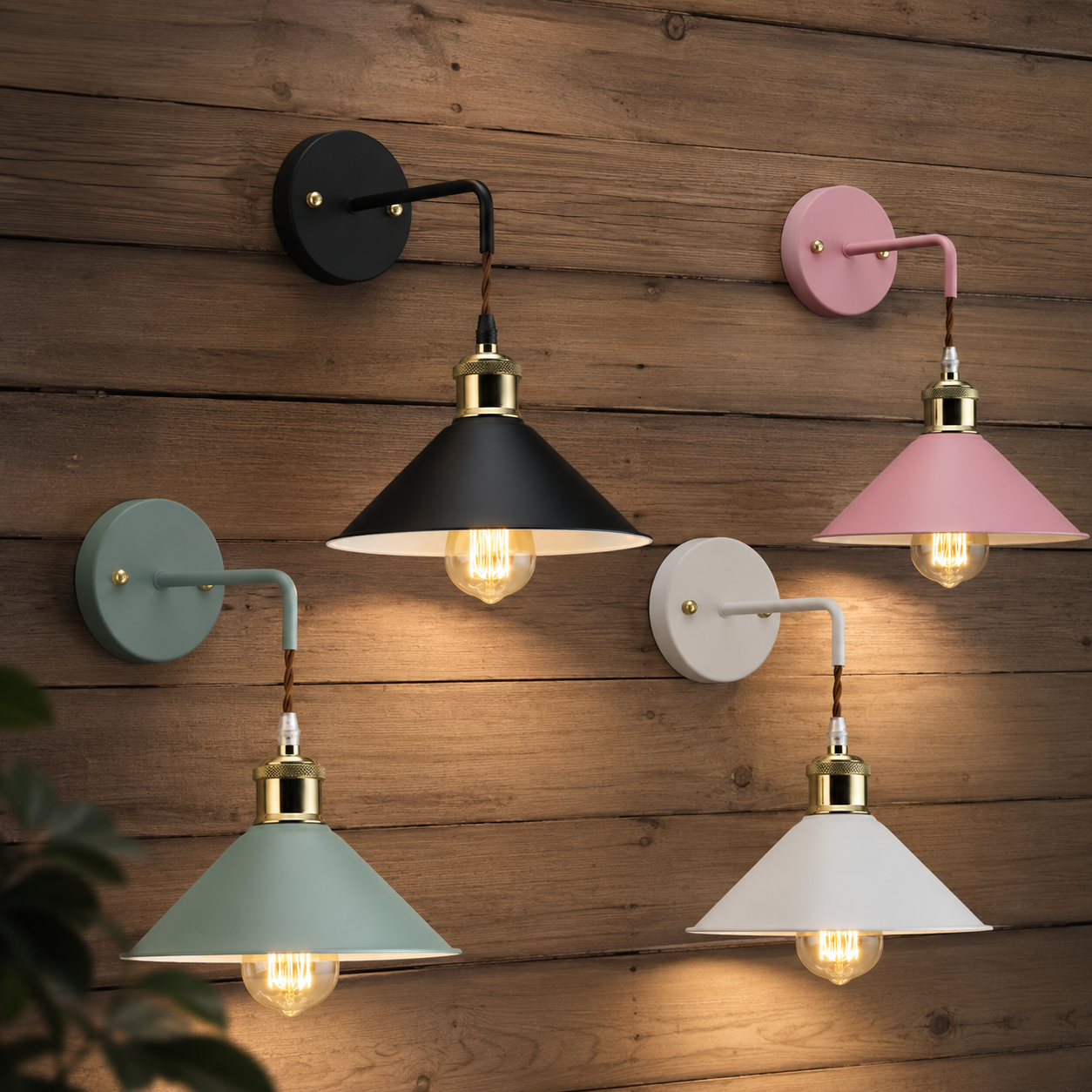 Four industrial wall sconce colors mounted in a balanced display on a wood wall.