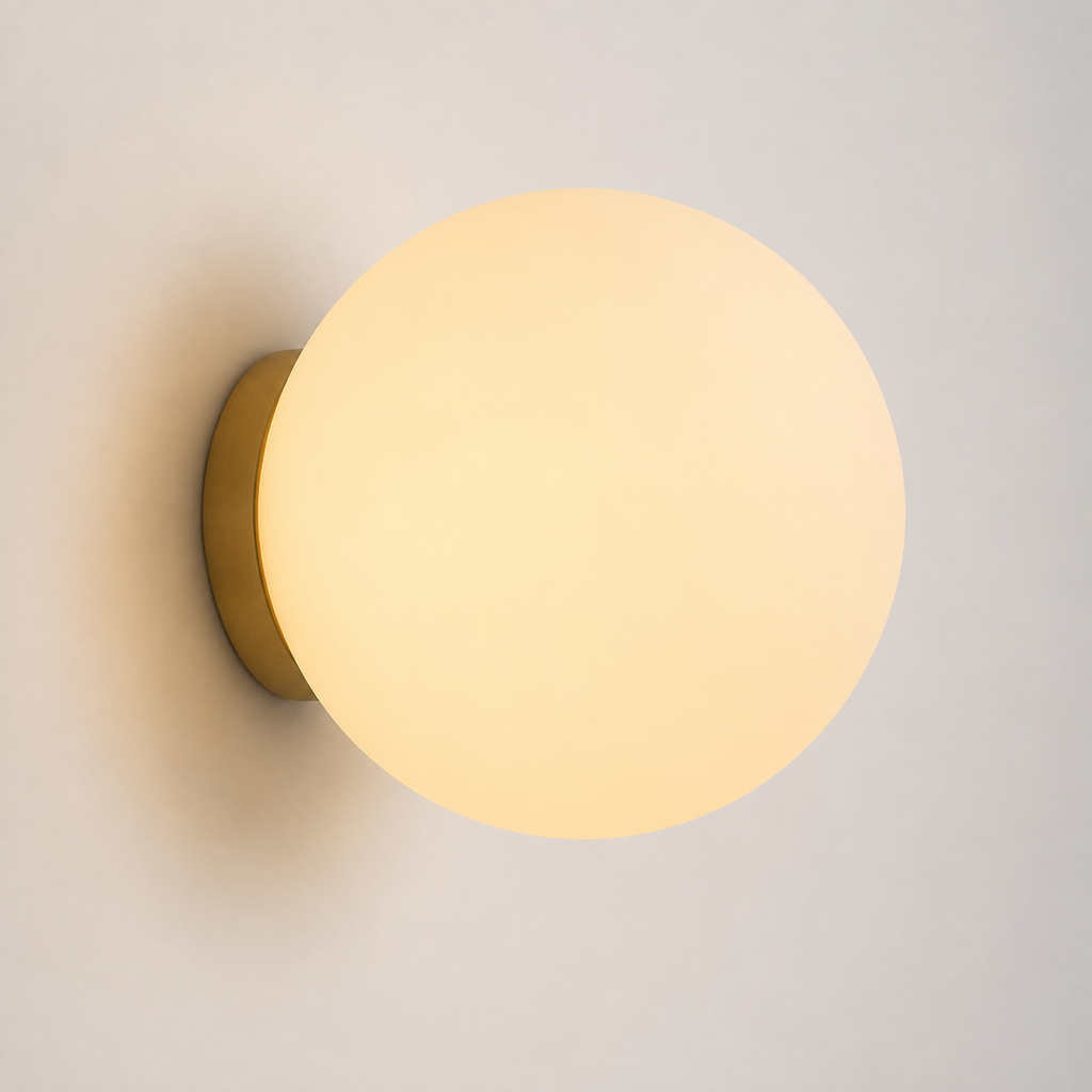 Round globe wall sconce glows warm against a plain light background with a gold-tone circular mount.