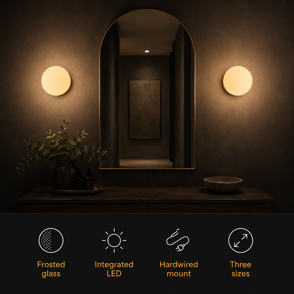 Two round wall sconce lights frame a mirror above a console with four feature icons below.