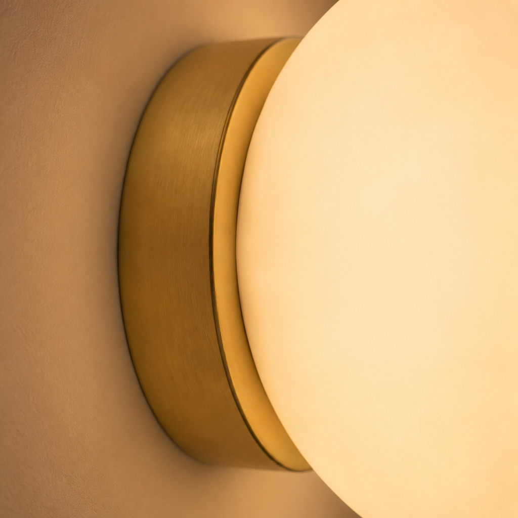 Close-up shows the gold-tone mount and glowing edge of the round wall sconce.