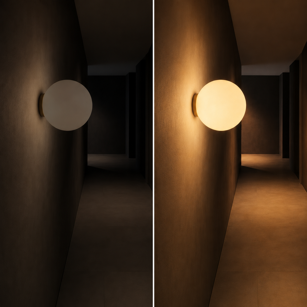 Split view compares the round wall sconce switched off and glowing warm on a dark wall.