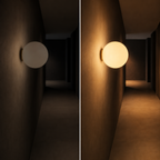 Split view compares the round wall sconce switched off and glowing warm on a dark wall.