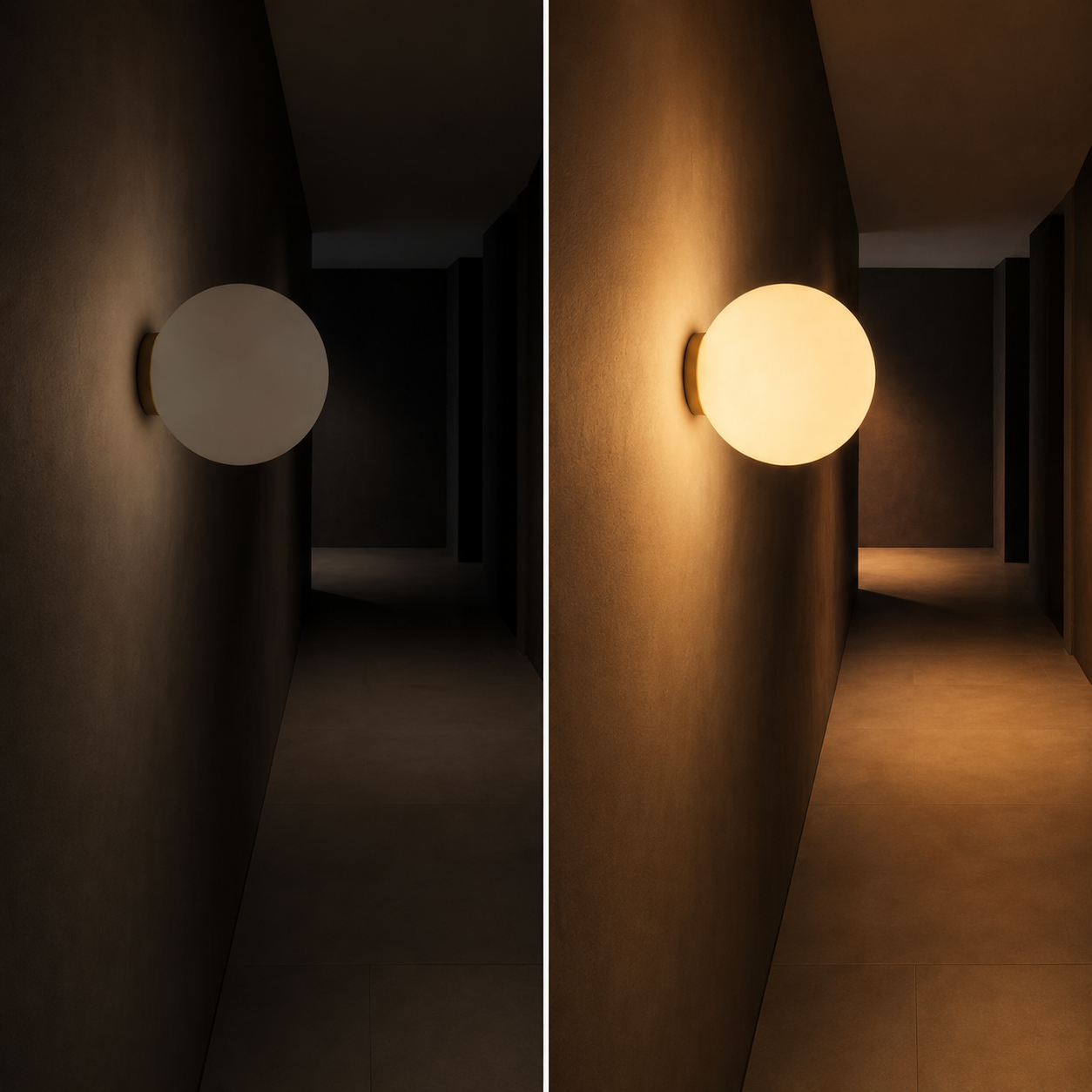 Split view compares the round wall sconce switched off and glowing warm on a dark wall.