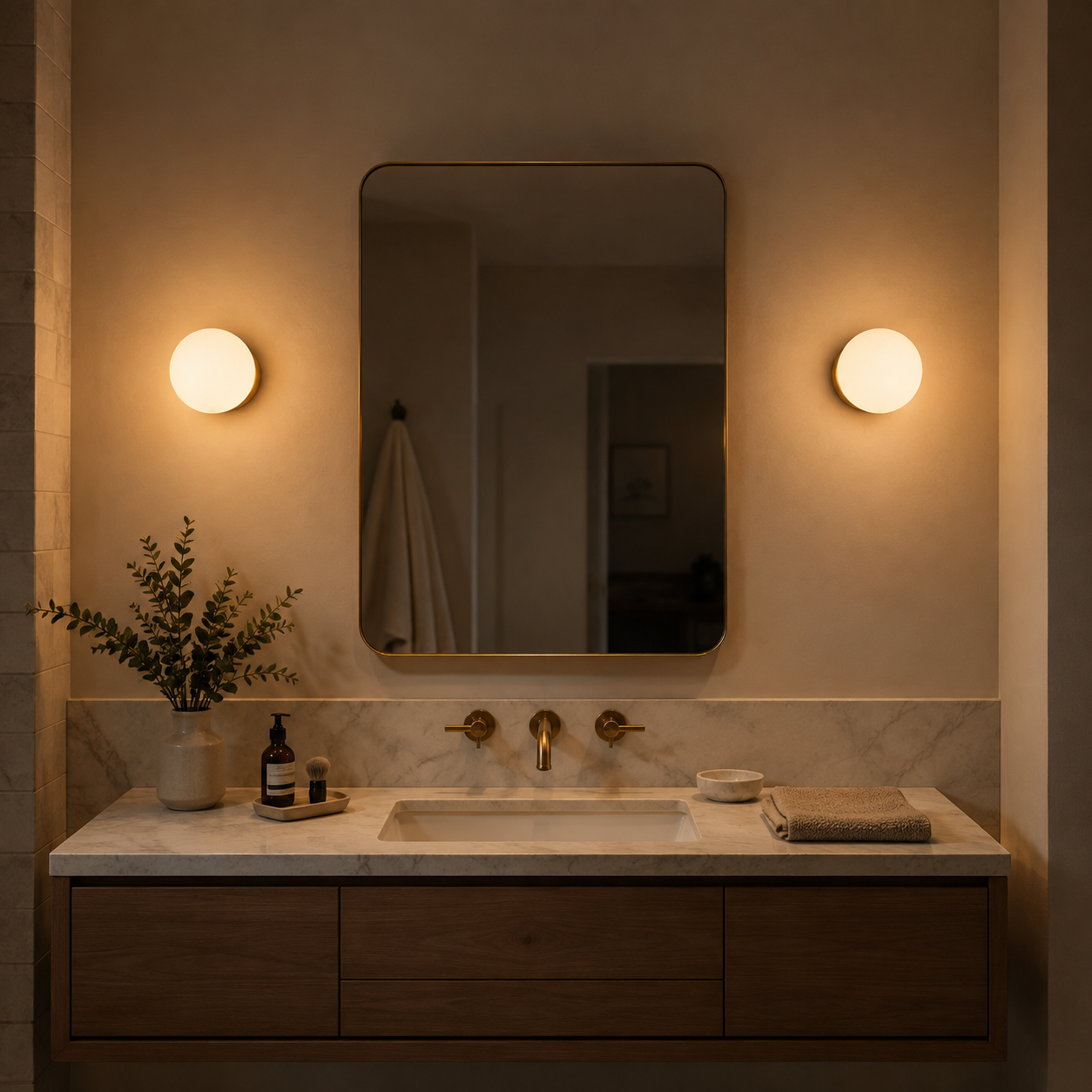 Two round wall sconce lights flank a bathroom mirror above a dark vanity.