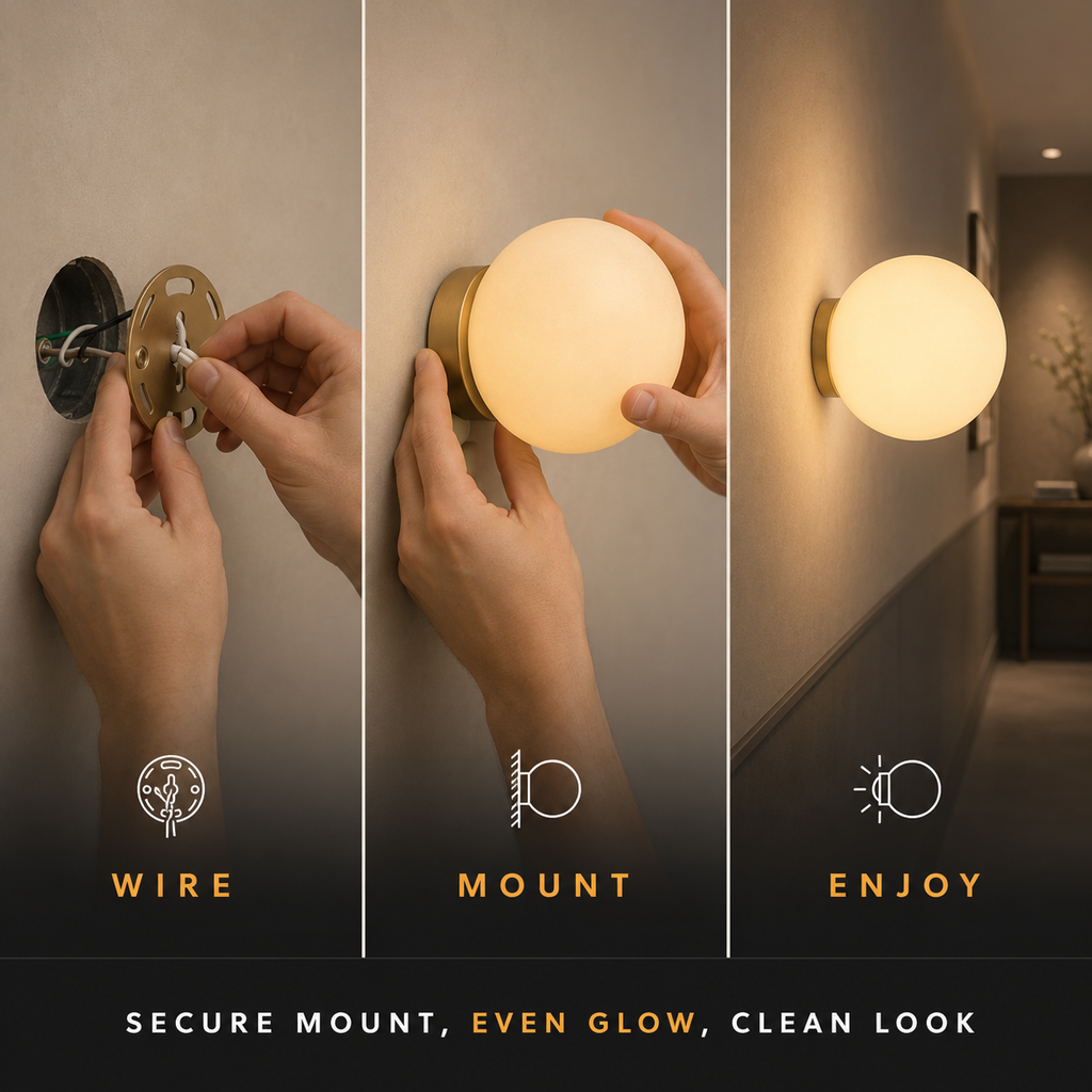 Three-panel setup graphic shows a hand installing and adjusting the round wall sconce.