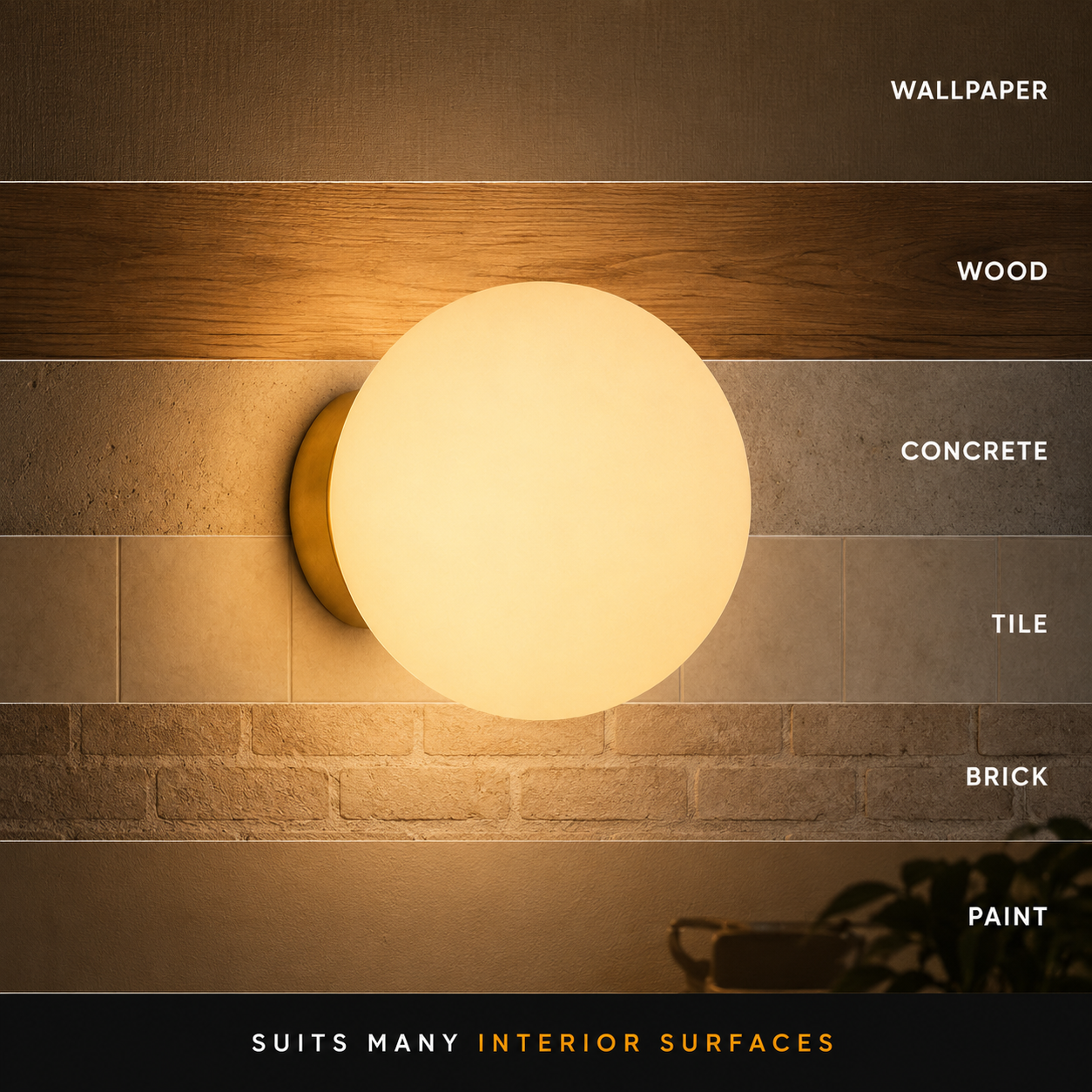 Round wall sconce glows across wallpaper, wood, concrete, tile, brick, and painted wall surface samples.