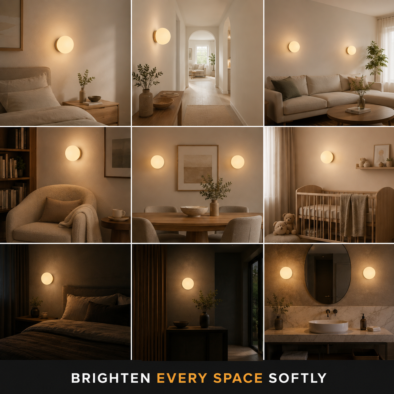 Nine-room grid shows the round wall sconce glowing in several interior settings.